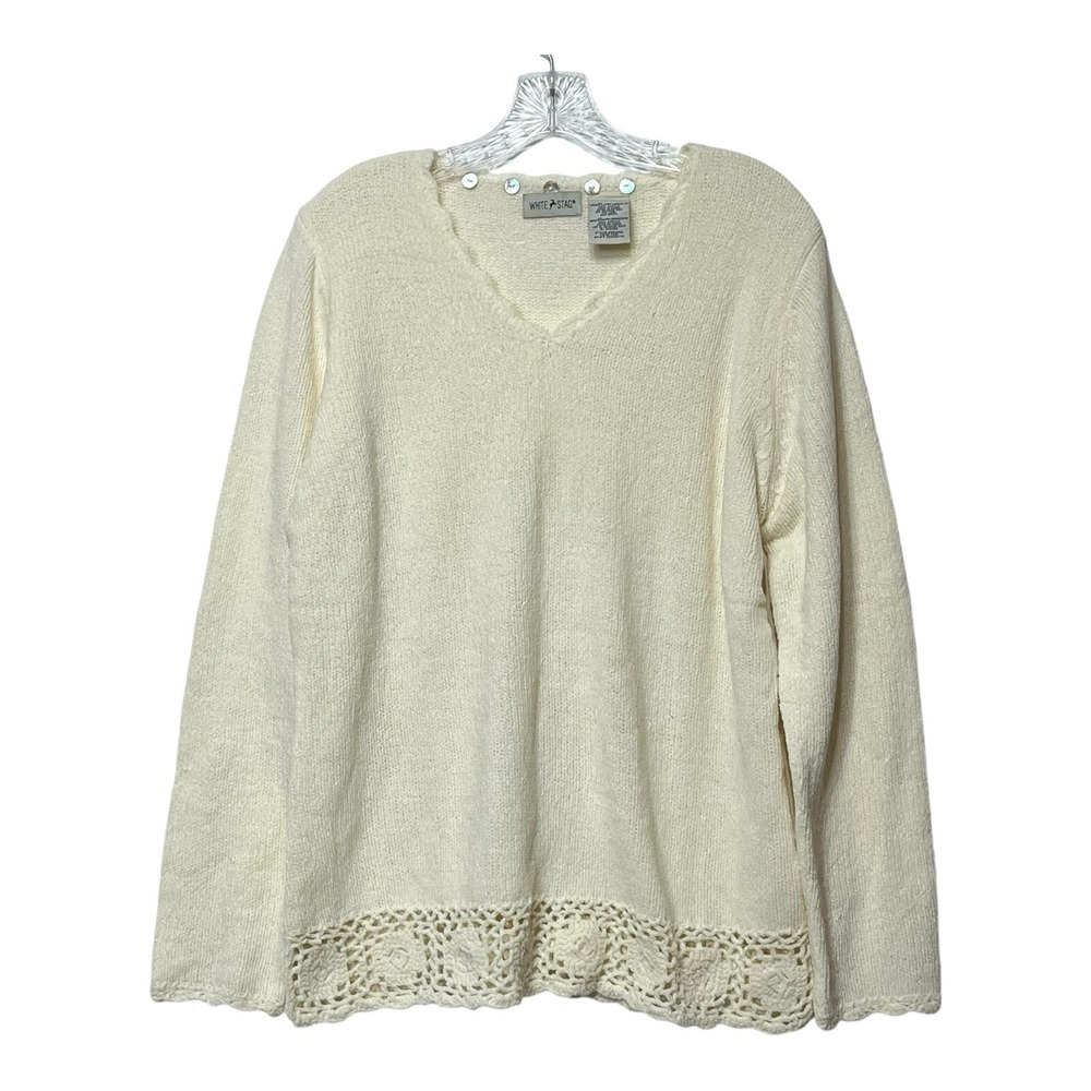 White Stag‎ Womens Cream Ivory V Neck Sweater Lace Trim Long Sleeve Size XL